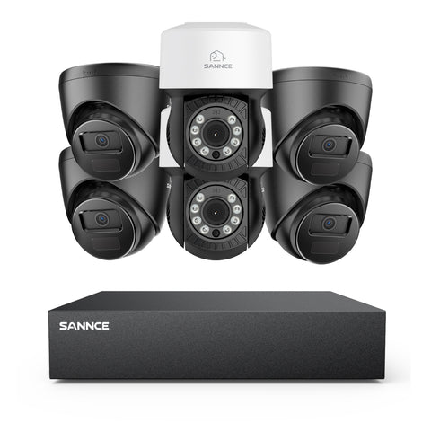 1080p 8CH PT Überwachungskamera System, 4 Stück 2MP Turret Kamera Schwarz & 2xPT Kamera & Hybrid 5-in-1 DVR, 100ft Nachtsicht, Bewegungserkennung, IP66 Wasserdicht