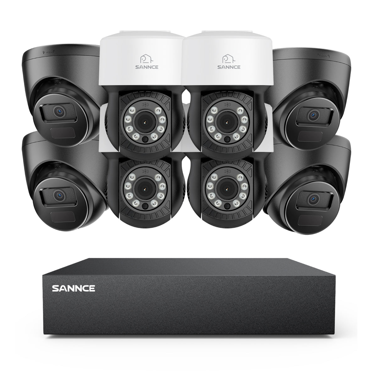 1080p 8CH PT Überwachungskamera System, 4 Stück 2MP Turret Kamera Schwarz & 4xPT Kamera & Hybrid 5-in-1 DVR, 100ft Nachtsicht, Bewegungserkennung, IP66 Wasserdicht