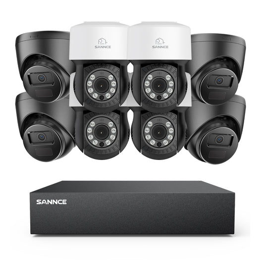 1080p 8CH PT Überwachungskamera System, 4 Stück 2MP Turret Kamera Schwarz & 4xPT Kamera & Hybrid 5-in-1 DVR, 100ft Nachtsicht, Bewegungserkennung, IP66 Wasserdicht