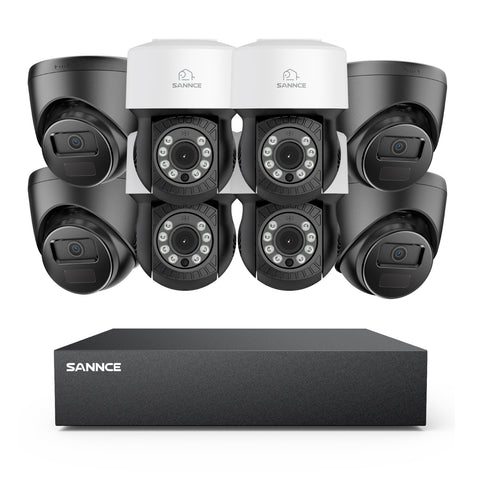 1080p 8CH PT Überwachungskamera System, 4 Stück 2MP Turret Kamera Schwarz & 4xPT Kamera & Hybrid 5-in-1 DVR, 100ft Nachtsicht, Bewegungserkennung, IP66 Wasserdicht