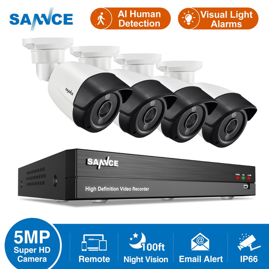 8CH 5MP Super HD CCTV Sicherheitskamerasystem mit 5-in-1 H.264+ DVR und 4*5MP HD Innen-/Außenkameras, weitreichende Nachtsicht, heller Lichtalarm, AI Menschenerkennung, Fernzugriff