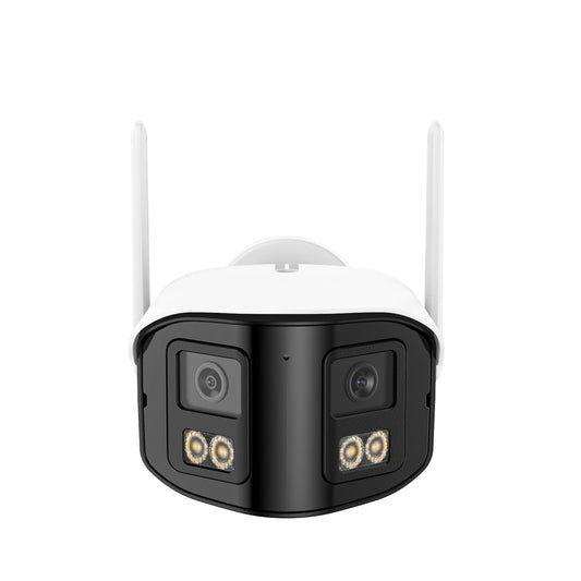4MP Dual-Objektiv 170° Ultraweitwinkel WiFi 6 Überwachungskamera, 32:9 Panoramaansicht, Zwei-Wege-Audio, PoE, Farb-Nachtsicht, Alexa- & ONVIF-kompatibel, IP66-zertifiziert