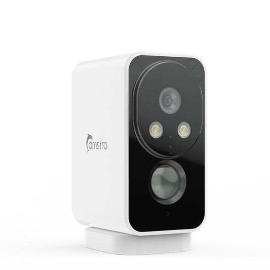 Camstro 2K kabellose Außenkamera mit Farb-Nachtsicht, PIR-Bewegungserkennung, Zwei-Wege-Audio, IP66, Cloud-/SD-Speicher, Alexa-kompatibel, WLAN 2,4 GHz, wiederaufladbarer Akku.