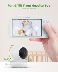 1080p Babyphone mit PTZ Kamera, 5,5 Zoll LCD-Display, 1920x1080p HD Baby Monitor, 5000 mAh-Akku mit Temperatur-, Stromausfallalarme, IR-Nachtsicht, Fütterungserinnerung, 1000ft Reichweite