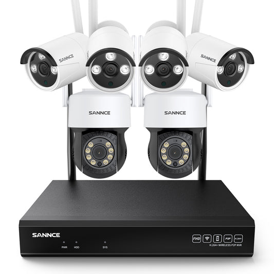3MP 10CH WLAN PTZ & Bullet Überwachungskamera Set, 350°/90° PTZ Schwenkbar, Kabellose Repeater, 2-Wege-Audio, KI-Personenerkennung, Kompatibel mit Alexa (2xPTZ Kamera, 4xBullet Kamera und 8MP 10CH NVR)