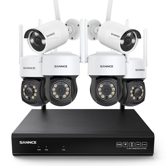 3MP 10CH WLAN PTZ & Bullet Überwachungskamera Set, 350°/90° PTZ Schwenkbar, Kabellose Repeater, 2-Wege-Audio, KI-Personenerkennung, Kompatibel mit Alexa (4xPTZ Kamera, 2xBullet Kamera und 8MP 10CH NVR)