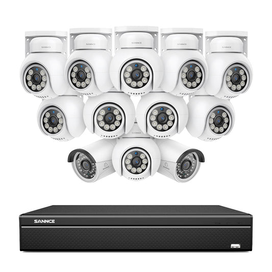 16 Kanal 4K PoE Bullet & PTZ Sicherheitskamerasystem, 8MP PoE IP Kameras für den Außenbereich, schwenk- und neigbar, ONVIF unterstützter NVR, Zwei-Wege-Audio, intelligente Personen-/Fahrzeugerkennung (10x PT-Kameras+2x IP-Kameras)