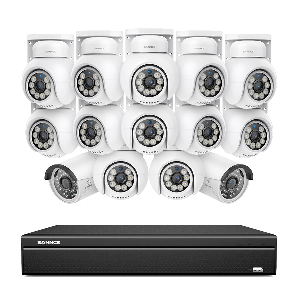 16 Kanal 4K PoE Bullet & PTZ Sicherheitskamerasystem, 8MP PoE IP Kameras für den Außenbereich, schwenk- und neigbar, ONVIF unterstützter NVR, Zwei-Wege-Audio, intelligente Personen-/Fahrzeugerkennung (12x PT-Kameras+2x IP-Kameras)