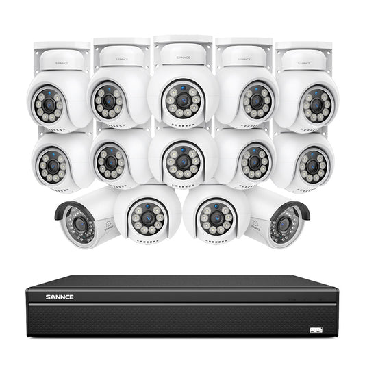 16 Kanal 4K PoE Bullet & PTZ Sicherheitskamerasystem, 8MP PoE IP Kameras für den Außenbereich, schwenk- und neigbar, ONVIF unterstützter NVR, Zwei-Wege-Audio, intelligente Personen-/Fahrzeugerkennung (12x PT-Kameras+2x IP-Kameras)