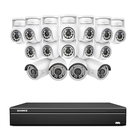 16 Kanal 4K PoE Bullet & PTZ Sicherheitskamerasystem, 8MP PoE IP Kameras für den Außenbereich, schwenk- und neigbar, ONVIF unterstützter NVR, Zwei-Wege-Audio, intelligente Personen-/Fahrzeugerkennung (12x PT-Kameras+4x IP-Kameras)