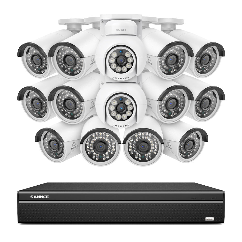 16 Kanal 4K PoE Bullet & PTZ Sicherheitskamerasystem, 8MP PoE IP Kameras für den Außenbereich, schwenk- und neigbar, ONVIF unterstützter NVR, Zwei-Wege-Audio, intelligente Personen-/Fahrzeugerkennung (2x PT-Kameras+12x IP-Kameras)