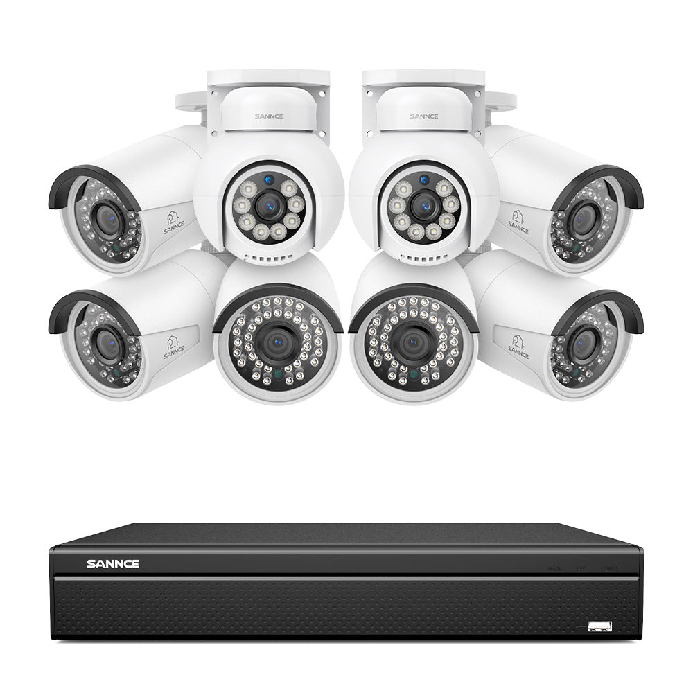 16 Kanal 4K PoE Bullet & PTZ Sicherheitskamerasystem, 8MP PoE IP Kameras für den Außenbereich, schwenk- und neigbar, ONVIF unterstützter NVR, Zwei-Wege-Audio, intelligente Personen-/Fahrzeugerkennung (2x PT-Kameras+6x IP-Kameras)