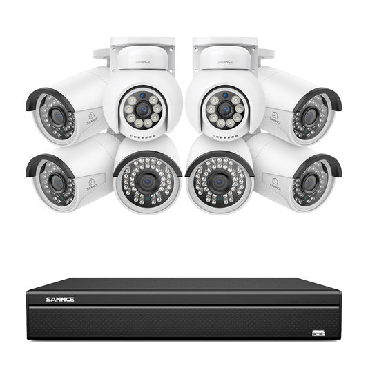 16 Kanal 4K PoE Bullet & PTZ Sicherheitskamerasystem, 8MP PoE IP Kameras für den Außenbereich, schwenk- und neigbar, ONVIF unterstützter NVR, Zwei-Wege-Audio, intelligente Personen-/Fahrzeugerkennung (2x PT-Kameras+6x IP-Kameras)