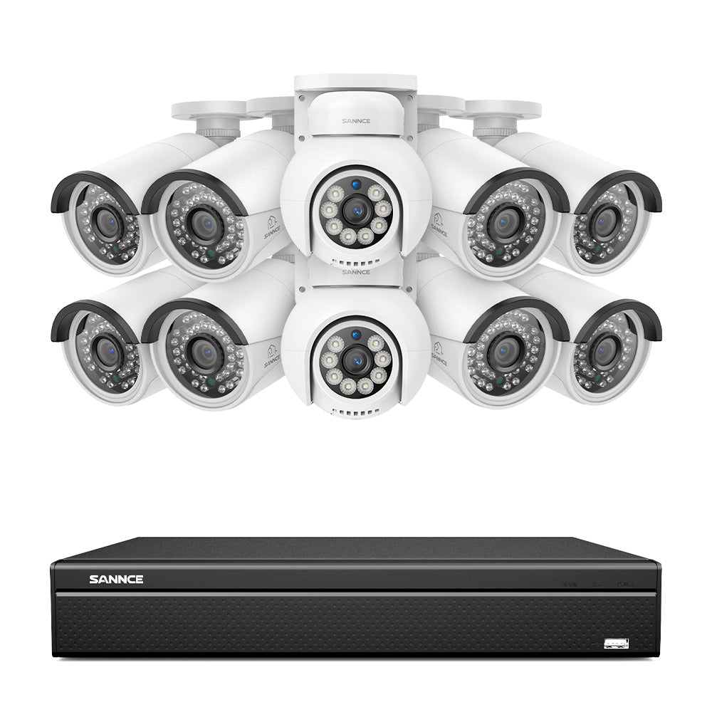 16 Kanal 4K PoE Bullet & PTZ Sicherheitskamerasystem, 8MP PoE IP Kameras für den Außenbereich, schwenk- und neigbar, ONVIF unterstützter NVR, Zwei-Wege-Audio, intelligente Personen-/Fahrzeugerkennung (2x PT-Kameras+8x IP-Kameras)