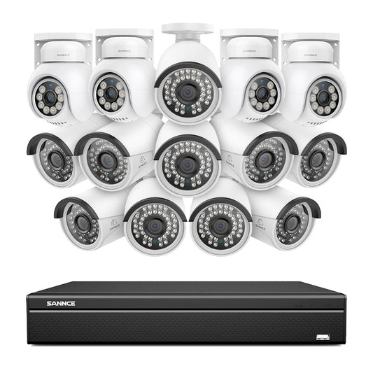 16 Kanal 4K PoE Bullet & PTZ Sicherheitskamerasystem, 8MP PoE IP Kameras für den Außenbereich, schwenk- und neigbar, ONVIF unterstützter NVR, Zwei-Wege-Audio, intelligente Personen-/Fahrzeugerkennung (4x PT-Kameras+10x IP-Kameras)