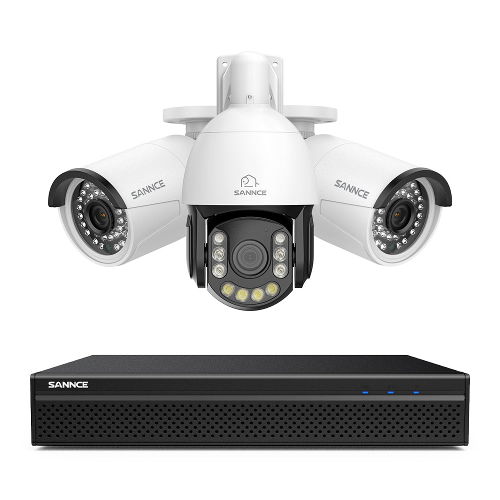 4K 8-Kanal PoE Überwachungssystem mit 3X 8MP Kameras, 1X 20X PTZ + 2X Bullet IP Kameras, Auto-Tracking, Gegensprechfunktion & Nachtsicht
