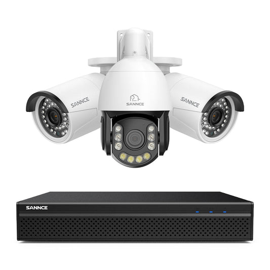 4K 8-Kanal PoE Überwachungssystem mit 3X 8MP Kameras, 1X 20X PTZ + 2X Bullet IP Kameras, Auto-Tracking, Gegensprechfunktion & Nachtsicht
