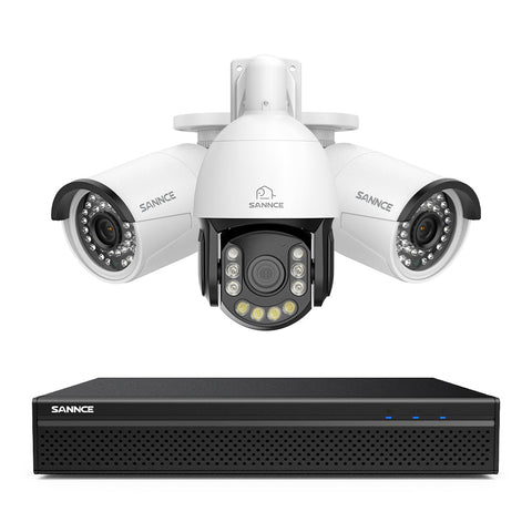 4K 8-Kanal PoE Überwachungssystem mit 3X 8MP Kameras, 1X 20X PTZ + 2X Bullet IP Kameras, Auto-Tracking, Gegensprechfunktion & Nachtsicht