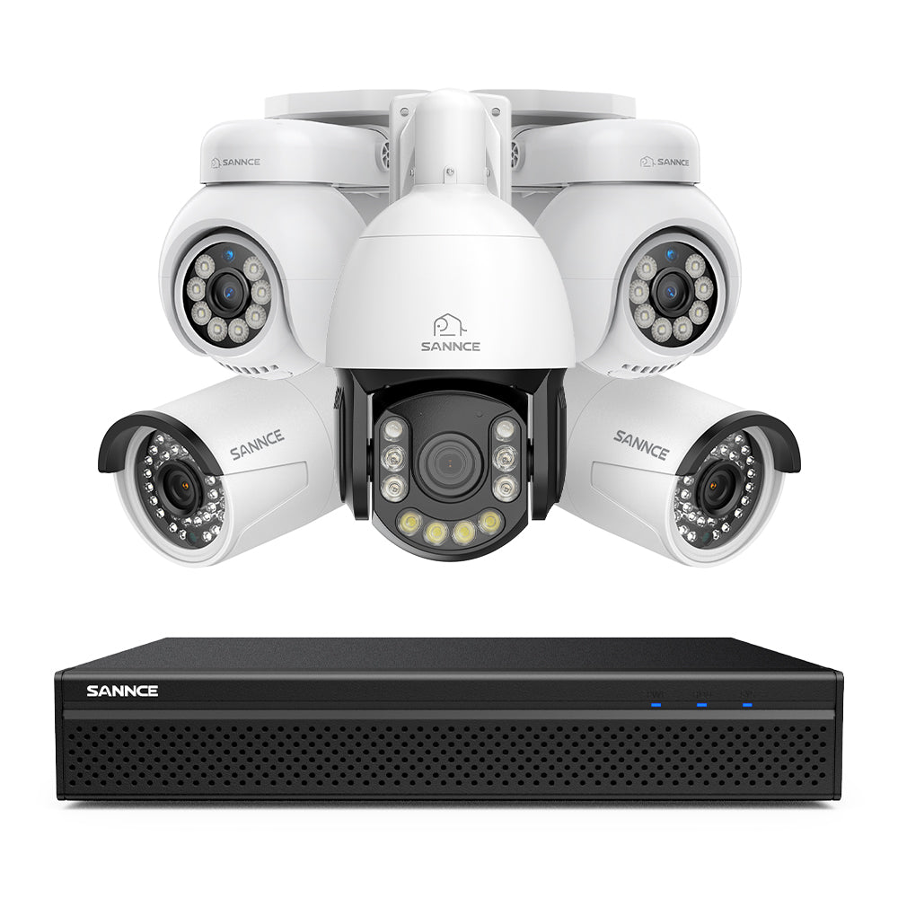 4K 8-Kanal PoE Überwachungssystem mit 5X 8MP Kameras, 1X 20X PTZ + 2X Bullet + 2X PT IP Kameras, Auto-Tracking, Gegensprechfunktion & Nachtsicht