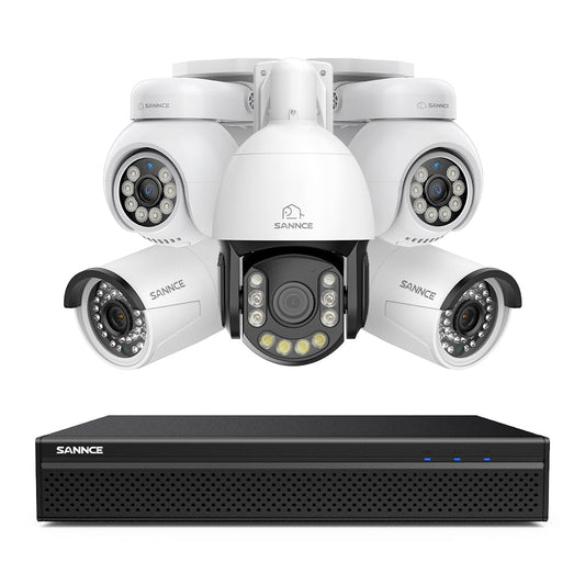 4K 8-Kanal PoE Überwachungssystem mit 5X 8MP Kameras, 1X 20X PTZ + 2X Bullet + 2X PT IP Kameras, Auto-Tracking, Gegensprechfunktion & Nachtsicht