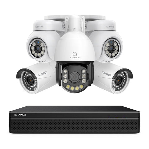 4K 8-Kanal PoE Überwachungssystem mit 5X 8MP Kameras, 1X 20X PTZ + 2X Bullet + 2X PT IP Kameras, Auto-Tracking, Gegensprechfunktion & Nachtsicht
