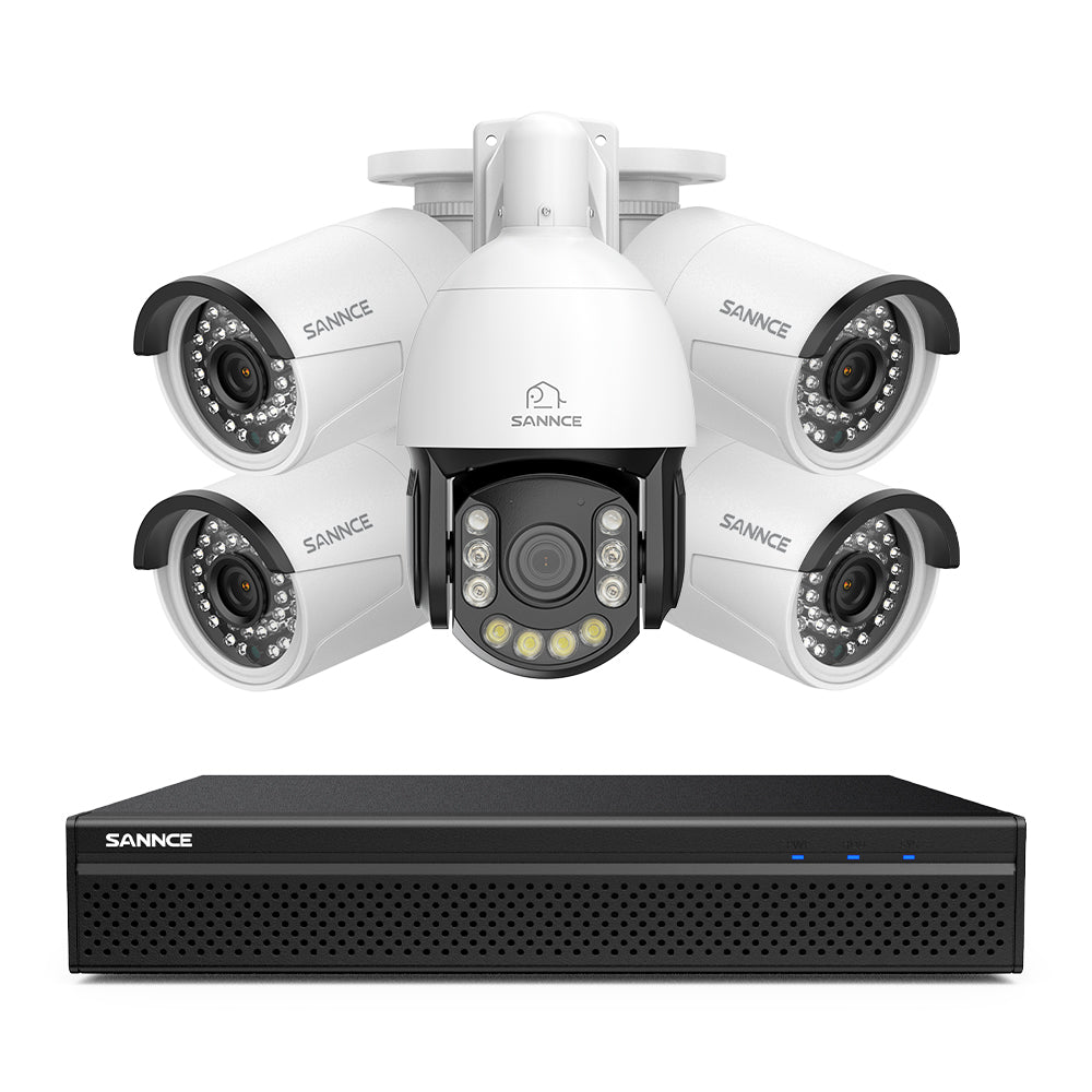 4K 8-Kanal PoE Überwachungssystem mit 5X 8MP Kameras, 1X 20X PTZ + 4X Bullet IP Kameras, Auto-Tracking, Gegensprechfunktion & Nachtsicht