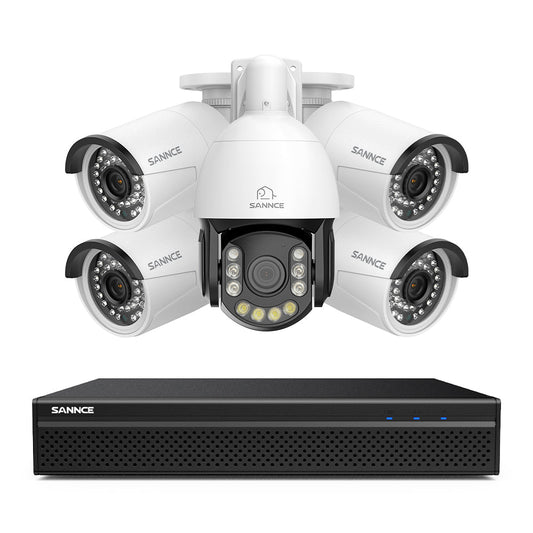 4K 8-Kanal PoE Überwachungssystem mit 5X 8MP Kameras, 1X 20X PTZ + 4X Bullet IP Kameras, Auto-Tracking, Gegensprechfunktion & Nachtsicht