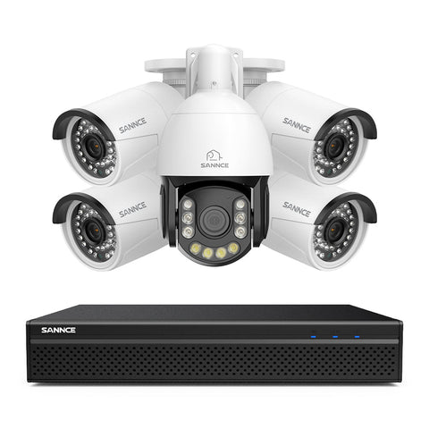 4K 8-Kanal PoE Überwachungssystem mit 5X 8MP Kameras, 1X 20X PTZ + 4X Bullet IP Kameras, Auto-Tracking, Gegensprechfunktion & Nachtsicht