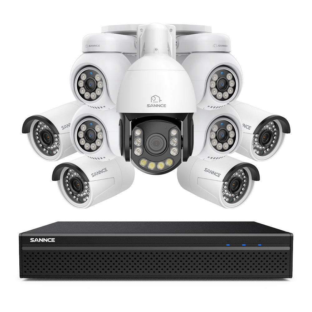 4K 8-Kanal PoE Überwachungssystem mit 9X 8MP Kameras, 1X 20X PTZ + 4X Bullet + 4X PT IP Kameras, Auto-Tracking, Gegensprechfunktion & Nachtsicht