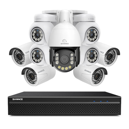 4K 8-Kanal PoE Überwachungssystem mit 9X 8MP Kameras, 1X 20X PTZ + 4X Bullet + 4X PT IP Kameras, Auto-Tracking, Gegensprechfunktion & Nachtsicht