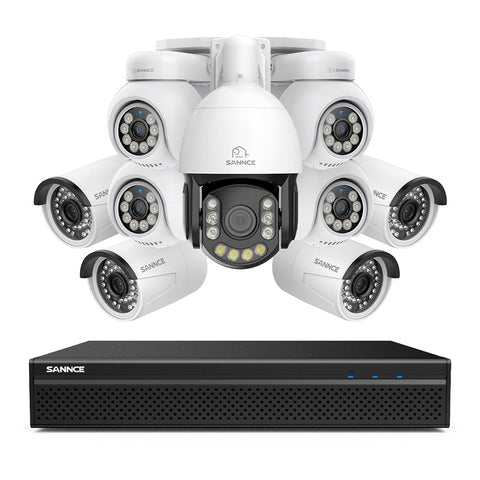 4K 8-Kanal PoE Überwachungssystem mit 9X 8MP Kameras, 1X 20X PTZ + 4X Bullet + 4X PT IP Kameras, Auto-Tracking, Gegensprechfunktion & Nachtsicht