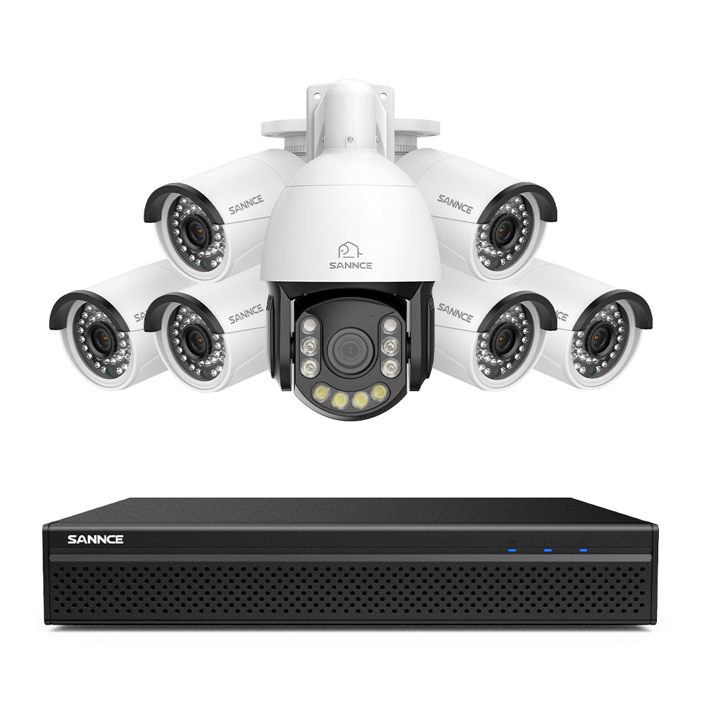 4K 8-Kanal PoE Überwachungssystem mit 7X 8MP Kameras, 1X 20X PTZ + 6X Bullet IP Kameras, Auto-Tracking, Gegensprechfunktion & Nachtsicht
