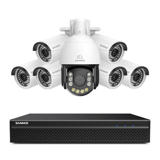 4K 8-Kanal PoE Überwachungssystem mit 7X 8MP Kameras, 1X 20X PTZ + 6X Bullet IP Kameras, Auto-Tracking, Gegensprechfunktion & Nachtsicht