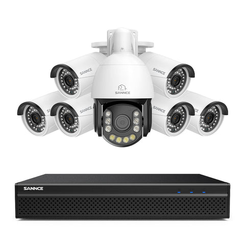 4K 8-Kanal PoE Überwachungssystem mit 7X 8MP Kameras, 1X 20X PTZ + 6X Bullet IP Kameras, Auto-Tracking, Gegensprechfunktion & Nachtsicht
