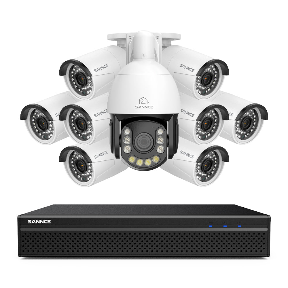 4K 8-Kanal PoE Überwachungssystem mit 9X 8MP Kameras, 1X 20X PTZ + 8X Bullet IP Kameras, Auto-Tracking, Gegensprechfunktion & Nachtsicht