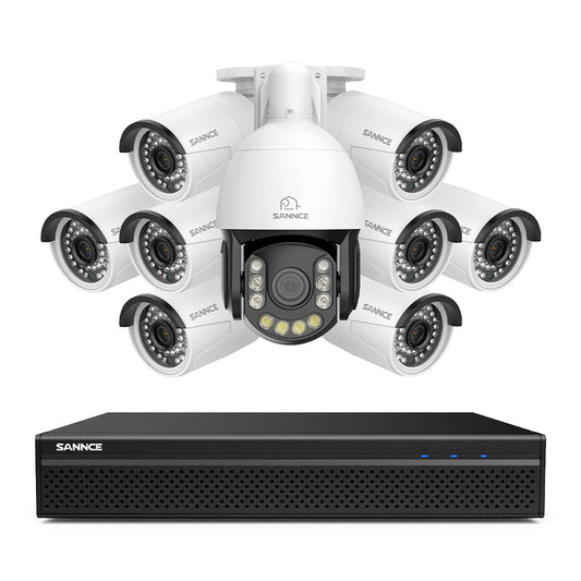 4K 8-Kanal PoE Überwachungssystem mit 9X 8MP Kameras, 1X 20X PTZ + 8X Bullet IP Kameras, Auto-Tracking, Gegensprechfunktion & Nachtsicht