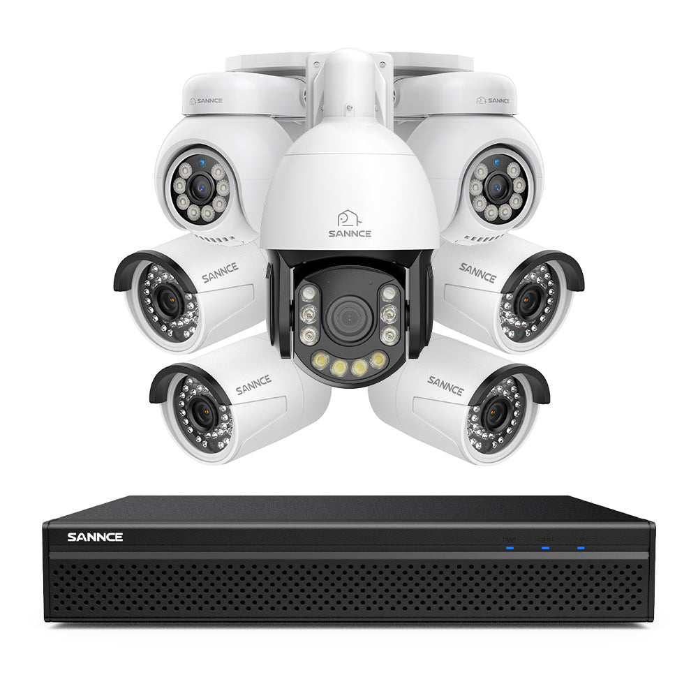 4K 8-Kanal PoE Überwachungssystem mit 7X 8MP Kameras, 1X 20X PTZ + 4X Bullet + 2X PT IP Kameras, Auto-Tracking, Gegensprechfunktion & Nachtsicht