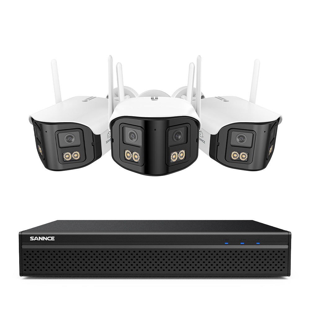 FDQ400 4K 10-Kanal Dual-Lens PoE Überwachungskamerasystem, 8MP NVR + 3× 4MP WLAN- & PoE-IP-Kameras, 170° Ultra-Weitwinkel, Ultra-Low-Light-Farb-Nachtsicht, Zwei-Wege-Audio, KI-Personenerkennung