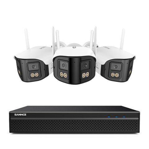 FDQ400 4K 10-Kanal Dual-Lens PoE Überwachungskamerasystem, 8MP NVR + 3× 4MP WLAN- & PoE-IP-Kameras, 170° Ultra-Weitwinkel, Ultra-Low-Light-Farb-Nachtsicht, Zwei-Wege-Audio, KI-Personenerkennung