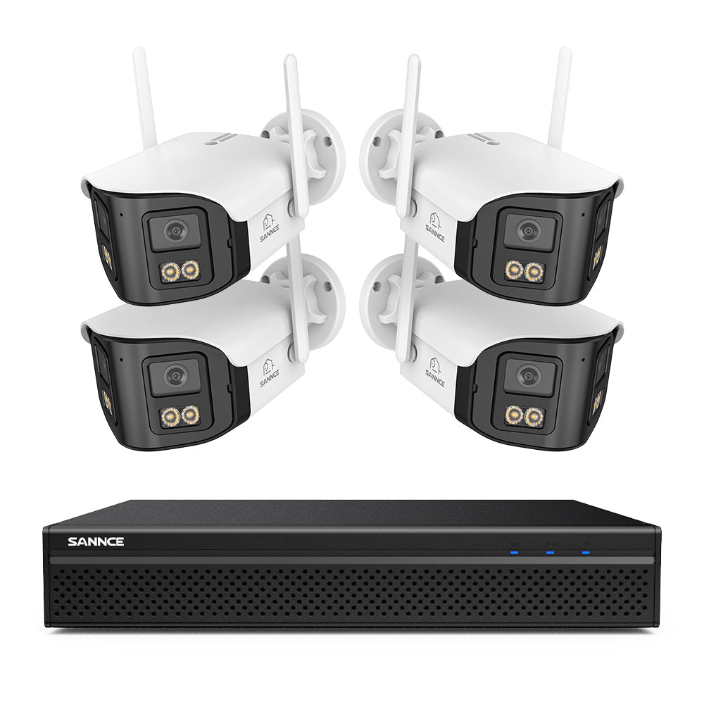 FDQ400 4K 10-Kanal-Dual-Lens-PoE-Sicherheitskamerasystem, 8MP NVR mit 4× 4MP WLAN- und PoE-IP-Kameras, 170° Ultraweitwinkel, Vollfarb-Nachtsicht bei extrem wenig Licht, Zwei-Wege-Audio, KI-Personenerkennung