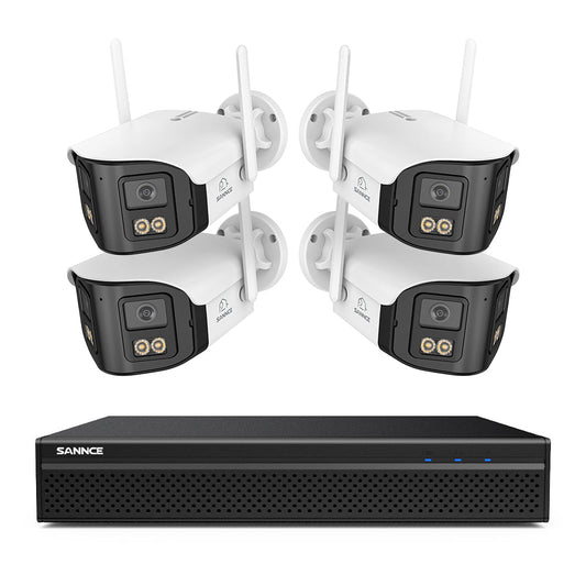 FDQ400 4K 10-Kanal-Dual-Lens-PoE-Sicherheitskamerasystem, 8MP NVR mit 4× 4MP WLAN- und PoE-IP-Kameras, 170° Ultraweitwinkel, Vollfarb-Nachtsicht bei extrem wenig Licht, Zwei-Wege-Audio, KI-Personenerkennung