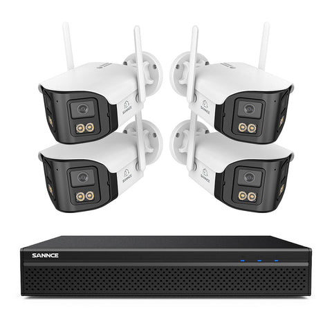 FDQ400 4K 10-Kanal-Dual-Lens-PoE-Sicherheitskamerasystem, 8MP NVR mit 4× 4MP WLAN- und PoE-IP-Kameras, 170° Ultraweitwinkel, Vollfarb-Nachtsicht bei extrem wenig Licht, Zwei-Wege-Audio, KI-Personenerkennung
