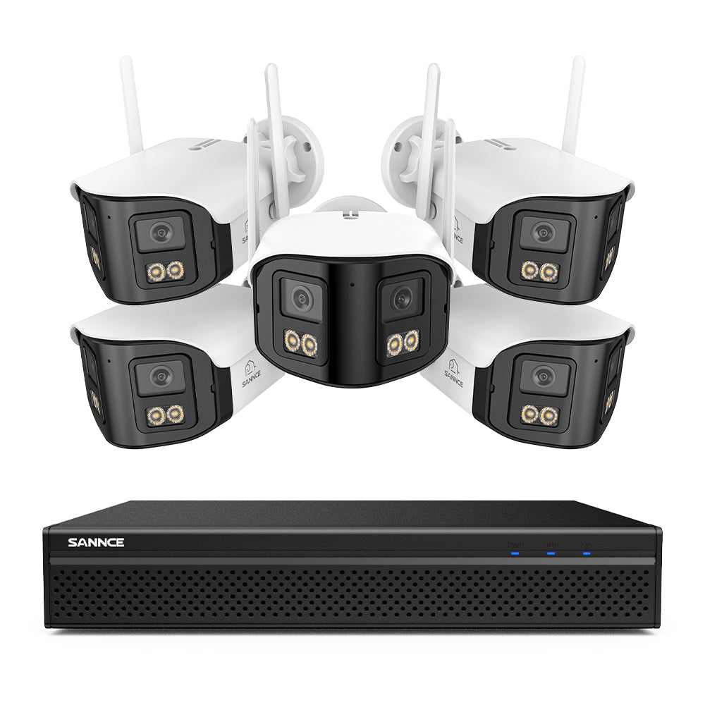 FDQ400 4K 10-Kanal-Dual-Lens-PoE-Sicherheitskamerasystem, 8MP NVR mit 5× 4MP WLAN- und PoE-IP-Kameras, 170° Ultraweitwinkel, Vollfarb-Nachtsicht bei extrem wenig Licht, Zwei-Wege-Audio, KI-Personenerkennung
