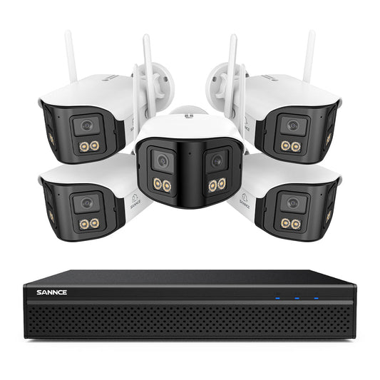 FDQ400 4K 10-Kanal-Dual-Lens-PoE-Sicherheitskamerasystem, 8MP NVR mit 5× 4MP WLAN- und PoE-IP-Kameras, 170° Ultraweitwinkel, Vollfarb-Nachtsicht bei extrem wenig Licht, Zwei-Wege-Audio, KI-Personenerkennung