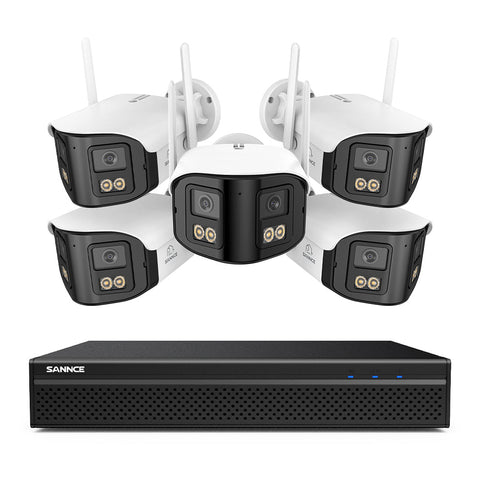FDQ400 4K 10-Kanal-Dual-Lens-PoE-Sicherheitskamerasystem, 8MP NVR mit 5× 4MP WLAN- und PoE-IP-Kameras, 170° Ultraweitwinkel, Vollfarb-Nachtsicht bei extrem wenig Licht, Zwei-Wege-Audio, KI-Personenerkennung