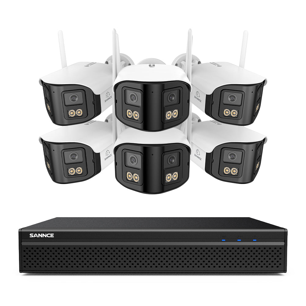 FDQ400 4K 10-Kanal-Dual-Lens-PoE-Sicherheitskamerasystem, 8MP NVR mit 6× 4MP WLAN- und PoE-IP-Kameras, 170° Ultraweitwinkel, Vollfarb-Nachtsicht bei extrem wenig Licht, Zwei-Wege-Audio, KI-Personenerkennung