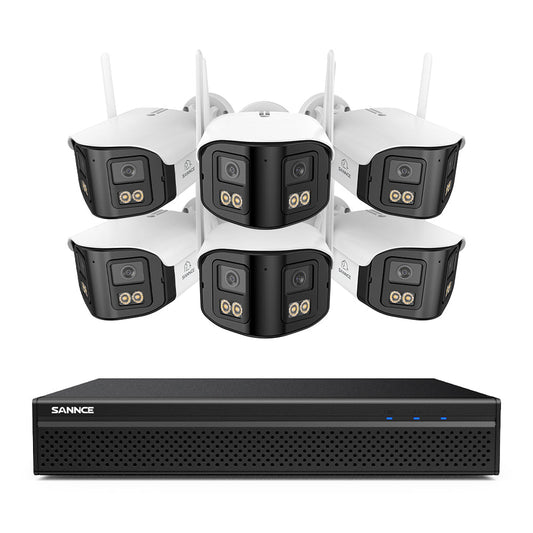 FDQ400 4K 10-Kanal-Dual-Lens-PoE-Sicherheitskamerasystem, 8MP NVR mit 6× 4MP WLAN- und PoE-IP-Kameras, 170° Ultraweitwinkel, Vollfarb-Nachtsicht bei extrem wenig Licht, Zwei-Wege-Audio, KI-Personenerkennung