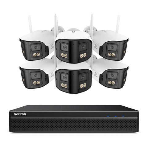 FDQ400 4K 10-Kanal-Dual-Lens-PoE-Sicherheitskamerasystem, 8MP NVR mit 6× 4MP WLAN- und PoE-IP-Kameras, 170° Ultraweitwinkel, Vollfarb-Nachtsicht bei extrem wenig Licht, Zwei-Wege-Audio, KI-Personenerkennung