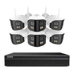 FDQ400 4K 10-Kanal-Dual-Lens-PoE-Sicherheitskamerasystem, 8MP NVR mit 6× 4MP WLAN- und PoE-IP-Kameras, 170° Ultraweitwinkel, Vollfarb-Nachtsicht bei extrem wenig Licht, Zwei-Wege-Audio, KI-Personenerkennung