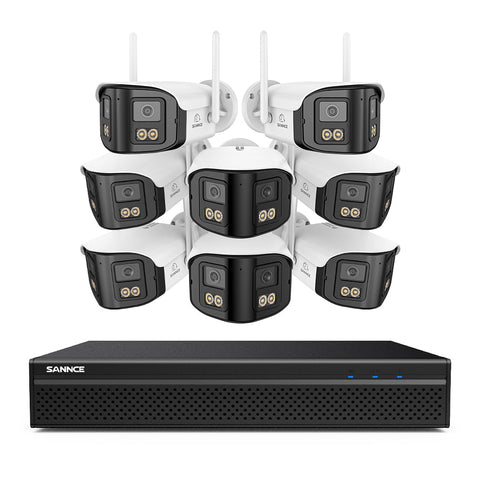 FDQ400 4K 10-Kanal-Dual-Lens-PoE-Sicherheitskamerasystem, 8MP NVR mit 8× 4MP WLAN- und PoE-IP-Kameras, 170° Ultraweitwinkel, Vollfarb-Nachtsicht bei extrem wenig Licht, Zwei-Wege-Audio, KI-Personenerkennung